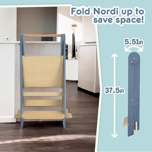 Nordi Foldable Toddler Kitchen Tower,Montessori Kitchen Stools Helper,Standing Tower with 3 Adjustable Heights,Suitable Age for 1.5-6 Years,Grey