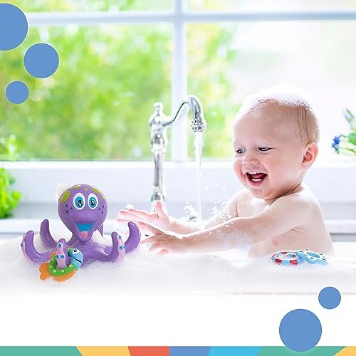 Nuby Floating Octopus Toy with 3 Hoopla Rings - Baby Bath Toy for Boys and Girls - 18+ Months - Purple (Pack of 1)