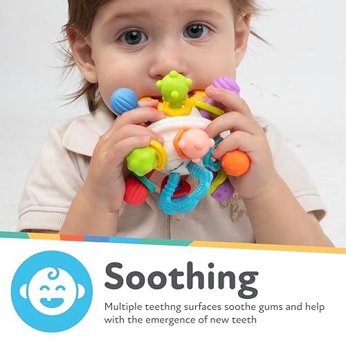 Nuby Twist Ball Teether Activity Toy with Rattle and Fun Bright Colors - Montessori Sensory Toy Develops Fine Motor Skills - 3 + Months