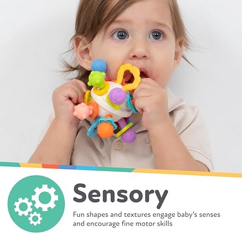 Nuby Twist Ball Teether Activity Toy with Rattle and Fun Bright Colors - Montessori Sensory Toy Develops Fine Motor Skills - 3 + Months