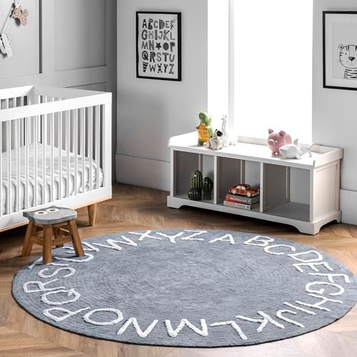 nuLOOM Kids Washable Round Alphabet Area Rug, 4' Round, Blue