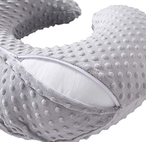 Nursing Pillow and Positioner, Breastfeeding, Bottle Feeding, Baby Sitting Support with Removable Ultra Soft Cover, Tummy Time Support for Baby Boys and Girls (Gray)