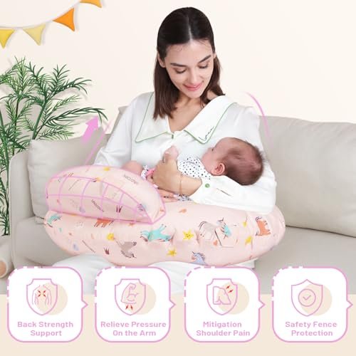 Nursing Pillow, Breastfeeding Pillows, with Removable Pillow Cover, Ergonomic Nursing Essentials for Bottle Feeding, Machine Washable, Pink