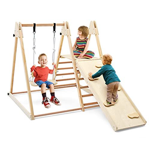 OLAKIDS Climbing Toys for Toddlers, 4 in 1 Foldable Kids Wood Montessori Triangle Set Climber with Ladder Ramp Slide and Swing for Playground, Indoor Climb Activity Jungle Gym Play Structure