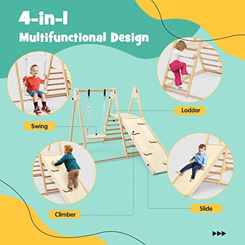 OLAKIDS Climbing Toys for Toddlers, 4 in 1 Foldable Kids Wood Montessori Triangle Set Climber with Ladder Ramp Slide and Swing for Playground, Indoor Climb Activity Jungle Gym Play Structure