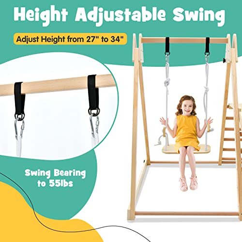 OLAKIDS Climbing Toys for Toddlers, 4 in 1 Foldable Kids Wood Montessori Triangle Set Climber with Ladder Ramp Slide and Swing for Playground, Indoor Climb Activity Jungle Gym Play Structure