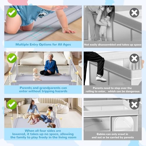Omzer Baby Playpen 71x59inch: Large Adjustable Height Playpen for Babies and Toddlers - Indoor Safety Baby Fence with Soft Breathable Mesh - Play Pen for Babies 6-12 Months with Child Lock