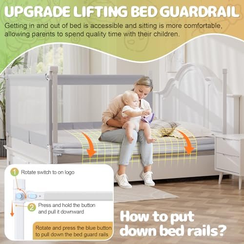 omzer King Bed Rail for Toddlers - Foldable Baby Bed Rail Guard with Child Lock Height Adjustable Bed Safety Rails for Children Bed Rail for King Size Bed - 3 Pack, 78.7x78.7x74.7”