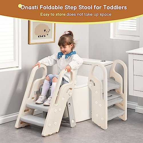 Onasti Foldable Step Stool for Bathroom Sink, Adjustable 3 Step Stool for Kids Toilet Potty Training Stool with Handles, Child Kitchen Counter Stool Helper, Plastic Ladder for Toddlers Grey