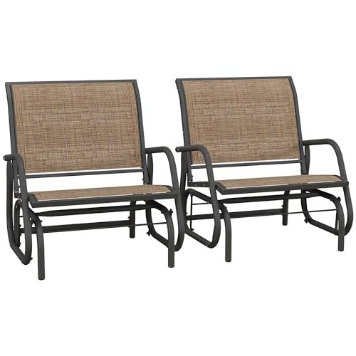 Outsunny Porch Glider Set of 2, Metal Frame Swing Glider Chair with Breathable Mesh Fabric, Curved Armrests and Steel Frame for Garden, Poolside, Backyard, Balcony, Light Mixed Brown