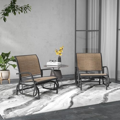 Outsunny Porch Glider Set of 2, Metal Frame Swing Glider Chair with Breathable Mesh Fabric, Curved Armrests and Steel Frame for Garden, Poolside, Backyard, Balcony, Light Mixed Brown