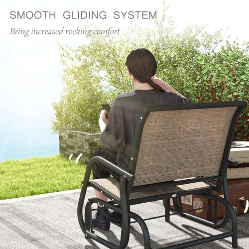Outsunny Porch Glider Set of 2, Metal Frame Swing Glider Chair with Breathable Mesh Fabric, Curved Armrests and Steel Frame for Garden, Poolside, Backyard, Balcony, Light Mixed Brown