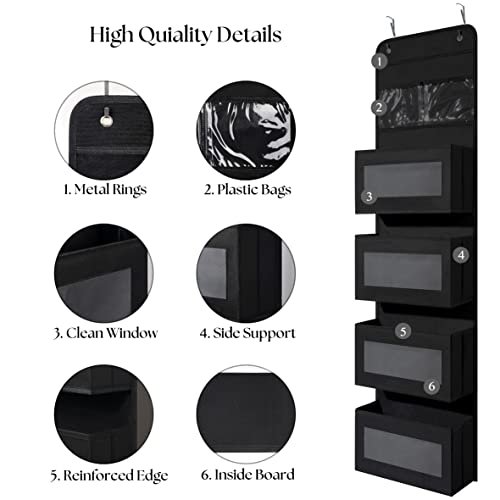 Over Door Organizer with 4 Large Capacity Pockets, Hanging Organizer Storage for Closet Bathroom Nursery Bedroom Dorm, Toys Cosmetics Sundries and Baby Essentials, Black