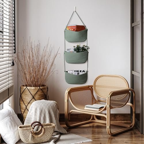 Over The Door Organizer Hanging Basket for Nursery Decor Stuffed Animal Storage Baskets Boho Wall Decor Basket for Bathroom Bedroom Playroom - Green