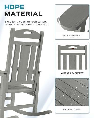 Oversized Rocking Chair Outdoor, HDPE Poly Rocking Chair, All Weather Porch Rocker for Deck Patio Balcony, 380lbs, Grey