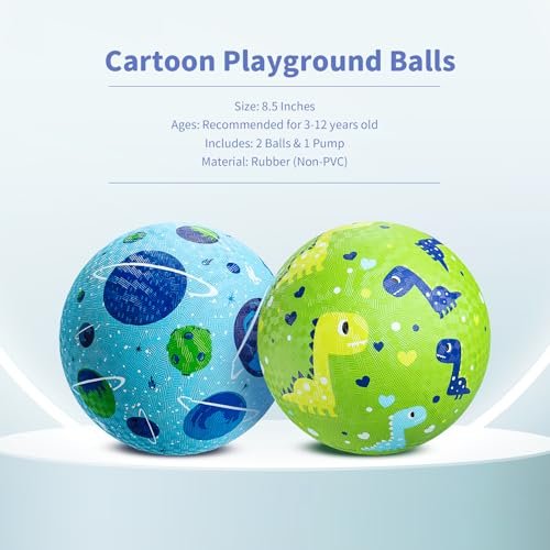 Pack of 2 Cartoon Playground Balls, Balls for Toddler 3-12, 8.5" Rubber Ball Bouncy Kickball, Indoor & Outdoor Ball Game for Kids with Pump