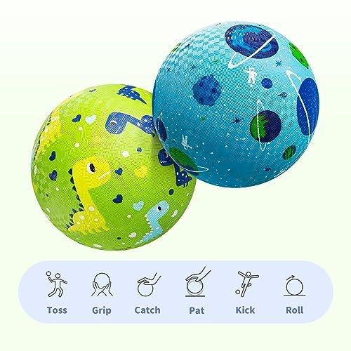 Pack of 2 Cartoon Playground Balls, Balls for Toddler 3-12, 8.5" Rubber Ball Bouncy Kickball, Indoor & Outdoor Ball Game for Kids with Pump