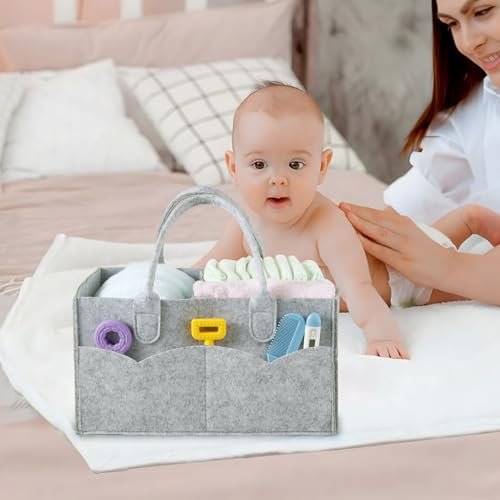 PandaEar 2 Pack Baby Diaper Caddy Organizer, Portable Diaper Holder Nursery Storage Basket for Wipes & baby stuff, Collapsible Baby Organizers with Divided Design (Grey/Brown)