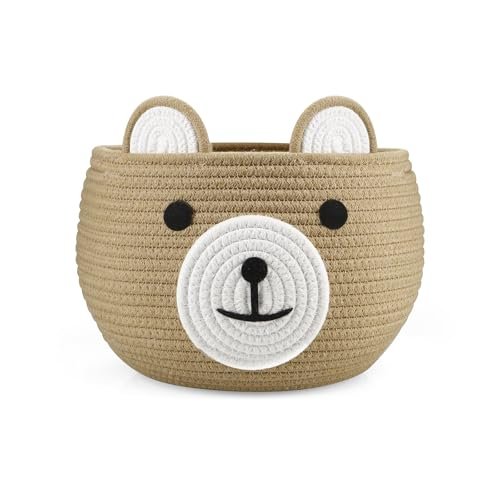 PandaEar Cotton Rope Baby Basket, Baby Gift Basket Nursery Laundry Organizer with Cute Bear Design for Storage Infant Newborn Essentials, Diaper Caddy Basket with Handle