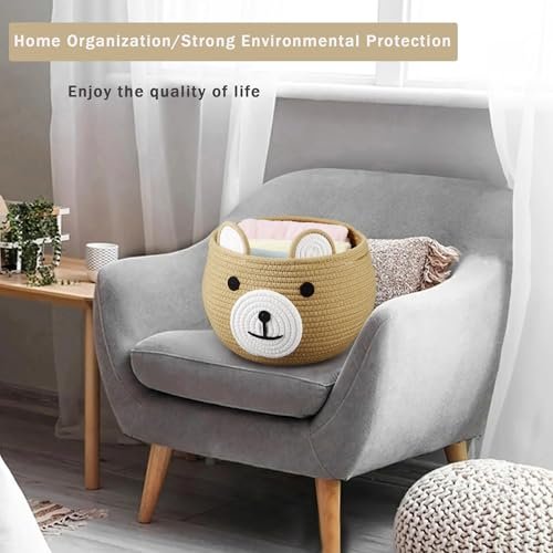 PandaEar Cotton Rope Baby Basket, Baby Gift Basket Nursery Laundry Organizer with Cute Bear Design for Storage Infant Newborn Essentials, Diaper Caddy Basket with Handle