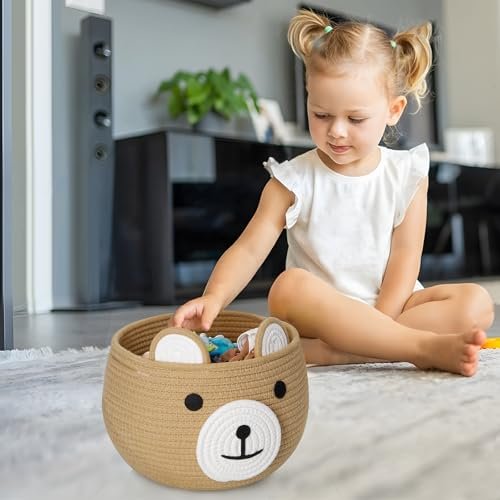 PandaEar Cotton Rope Baby Basket, Baby Gift Basket Nursery Laundry Organizer with Cute Bear Design for Storage Infant Newborn Essentials, Diaper Caddy Basket with Handle