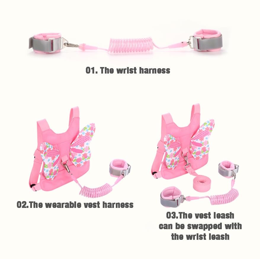 PandaEar Toddler Leash Harness and Anti Lost Wrist Link, 3 in 1 Kids Safety Harnesses with Leash, Child Anti-Lost Leash Walking Wristband Assistant Strap Belt for Baby Girls -Pink