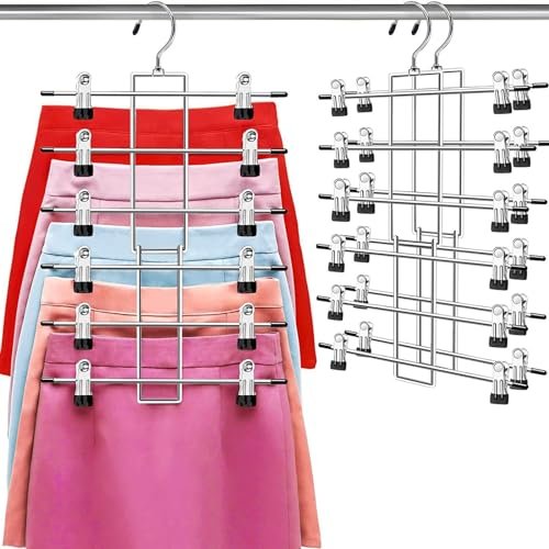 Pants Hangers with Clips,Space Saving Hanging Closet Organizer-6 Tiers Skirt Hangers with 360Β° Swivel Hook,Closet Organizer-Clothes Hangers- College Dorm Essentials Apartment Essentials-2 Pack