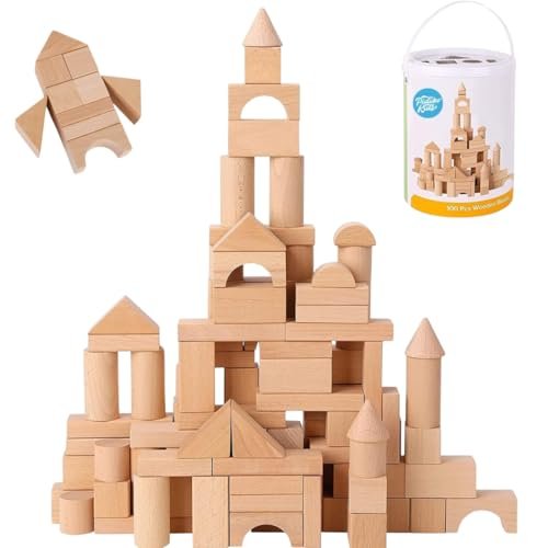 Pidoko Kids Wooden Blocks - 100 Pcs - Building Blocks for Toddlers - Includes Storage Container with Shape Sorter Lid - Natural Beech Wood Blocks - Preschool Learning Toys Stacking Block
