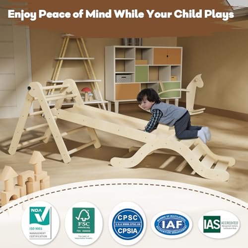Pikler Triangle Set 7in1 Toddler Climbing Toys Indoor Foldable Baby Climbing Toys Wooden Montessori Climbing Set with Arch, Ramp, Ladder for 1-3 Years, Jungle Gym for Kids (Natural)