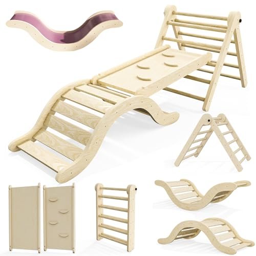 Pikler Triangle Set Climber 5 in 1, Toddler Climbing Toys Indoor Folding with Ramp & Arch & Mat for Montessori Play Gym for Toddlers and Kids (Natural)(105" Wx25 Dx31.5 H)