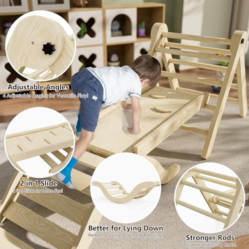Pikler Triangle Set Climber 5 in 1, Toddler Climbing Toys Indoor Folding with Ramp & Arch & Mat for Montessori Play Gym for Toddlers and Kids (Natural)(99" Wx21 Dx23 H)