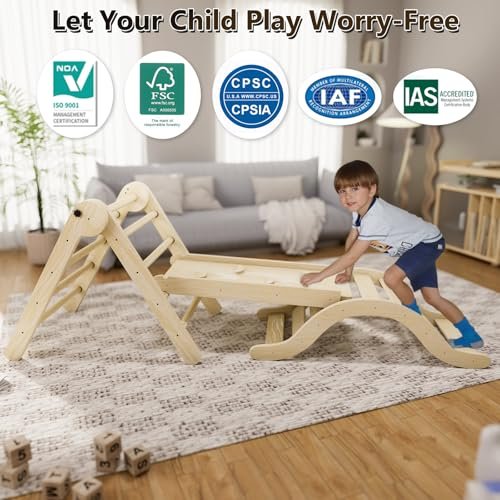 Pikler Triangle Set Climber 5 in 1, Toddler Climbing Toys Indoor Folding with Ramp & Arch & Mat for Montessori Play Gym for Toddlers and Kids (Natural)(99" Wx21 Dx23 H)