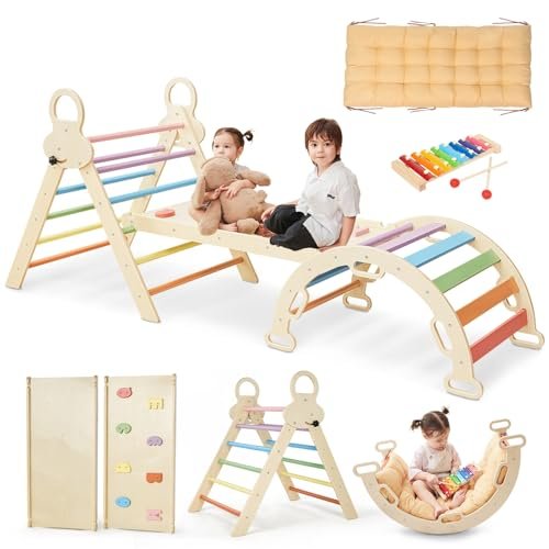 Pikler Triangle Set for Kids, 8 in 1 Colorful Montessori Large Climbing Toys for Toddlers 1-6 Inside with Ramp, Arch and Foldable Triangle, Wooden Child Indoor Playground