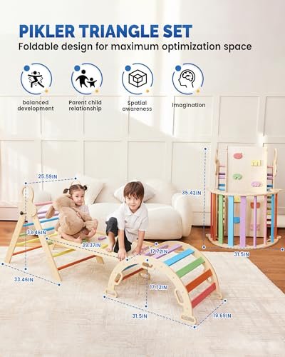 Pikler Triangle Set for Kids, 8 in 1 Colorful Montessori Large Climbing Toys for Toddlers 1-6 Inside with Ramp, Arch and Foldable Triangle, Wooden Child Indoor Playground