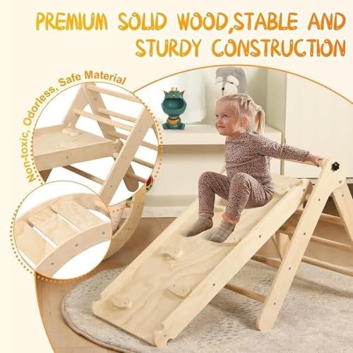 Pikler Triangle Set with Cushion, 7 in 1 Toddler Climbing Toys Indoor, Montessori Foldable Climbing Set, Wooden Climbing Toys for Toddlers 1-3 Inside with Ramp, Arch and Ladder (Nature Wood)