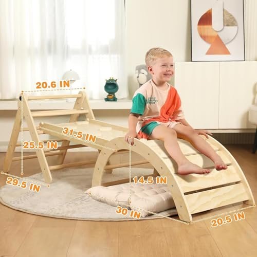 Pikler Triangle Set with Cushion, 7 in 1 Toddler Climbing Toys Indoor, Montessori Foldable Climbing Set, Wooden Climbing Toys for Toddlers 1-3 Inside with Ramp, Arch and Ladder (Nature Wood)