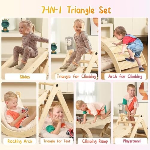 Pikler Triangle Set with Cushion, 7 in 1 Toddler Climbing Toys Indoor, Montessori Foldable Climbing Set, Wooden Climbing Toys for Toddlers 1-3 Inside with Ramp, Arch and Ladder (Nature Wood)