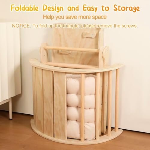 Pikler Triangle Set with Cushion, 7 in 1 Toddler Climbing Toys Indoor, Montessori Foldable Climbing Set, Wooden Climbing Toys for Toddlers 1-3 Inside with Ramp, Arch and Ladder (Nature Wood)
