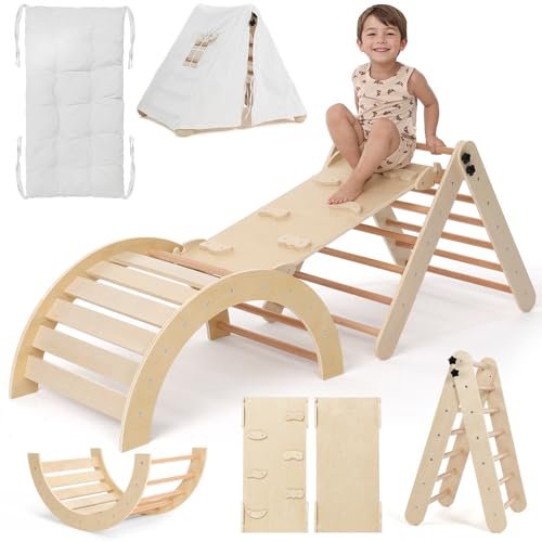 Pikler Triangle Set with Cushion, 8-in-1 Toddler Climbing Toys Indoor, Wooden Montessori Climbing Set with Arch Ramp,Ladder&Tent Cloth, Baby Indoor Climber Jungle Gyms for Toddlers Toy, Natural