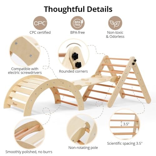 Pikler Triangle Set with Cushion, 8-in-1 Toddler Climbing Toys Indoor, Wooden Montessori Climbing Set with Arch Ramp,Ladder&Tent Cloth, Baby Indoor Climber Jungle Gyms for Toddlers Toy, Natural