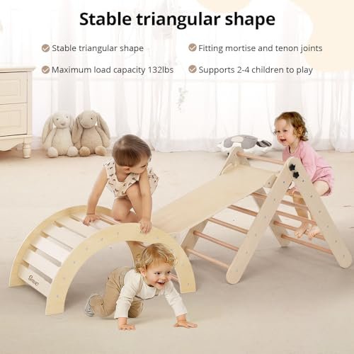 Pikler Triangle Set with Cushion, 8-in-1 Toddler Climbing Toys Indoor, Wooden Montessori Climbing Set with Arch Ramp,Ladder&Tent Cloth, Baby Indoor Climber Jungle Gyms for Toddlers Toy, Natural