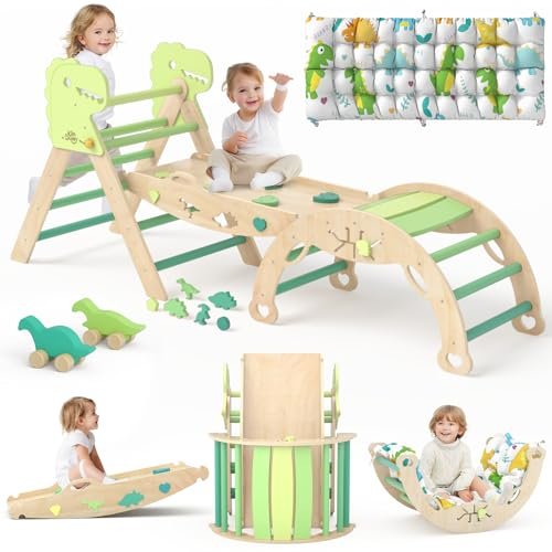 Pikler Triangle Set with Cushion 9 in 1 Climbing Toys for Toddlers 1-3 Indoor Baby Climbing Gym Toddler Montessori Toys Wooden Toy with Maze Toy, Shape Sorter, Dinosaur Car