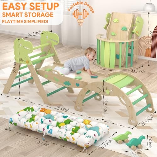 Pikler Triangle Set with Cushion 9 in 1 Climbing Toys for Toddlers 1-3 Indoor Baby Climbing Gym Toddler Montessori Toys Wooden Toy with Maze Toy, Shape Sorter, Dinosaur Car