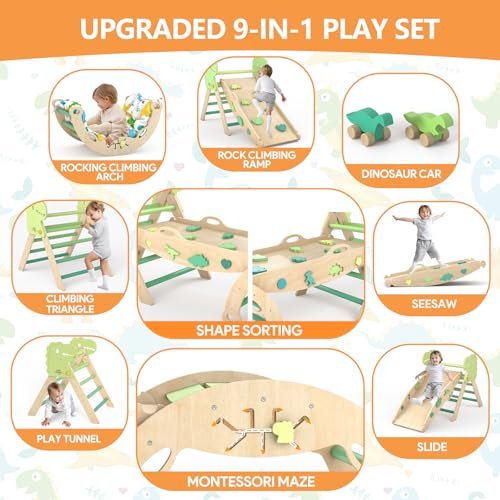 Pikler Triangle Set with Cushion 9 in 1 Climbing Toys for Toddlers 1-3 Indoor Baby Climbing Gym Toddler Montessori Toys Wooden Toy with Maze Toy, Shape Sorter, Dinosaur Car
