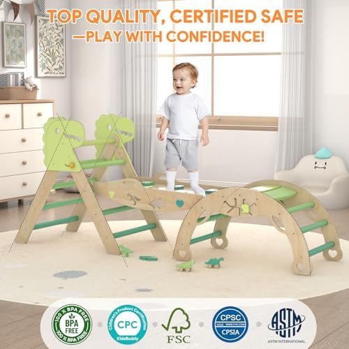 Pikler Triangle Set with Cushion 9 in 1 Climbing Toys for Toddlers 1-3 Indoor Baby Climbing Gym Toddler Montessori Toys Wooden Toy with Maze Toy, Shape Sorter, Dinosaur Car