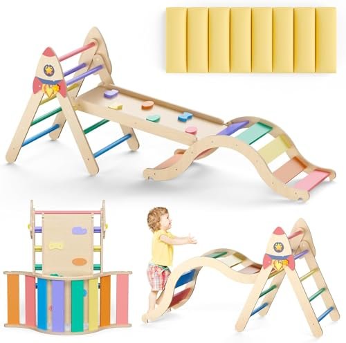 Pikler Triangle Set with Cushion, 9-in-1 Kids Climbing Toys for Toddlers 1-3 Inside, Montessori Toddler Climbing Toys Indoor, Large Wooden Pikler Triangle Climbing Set Baby Playground for Children