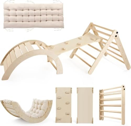 Pikler Triangle Set with Cushion Large, 5 in 1 Toddler Climbing Toys Indoor, Montessori Foldable Climbing Set for Kids, Wooden Playground Jungle Gym with Ramp, Arch and Ladder (Wooden Color)