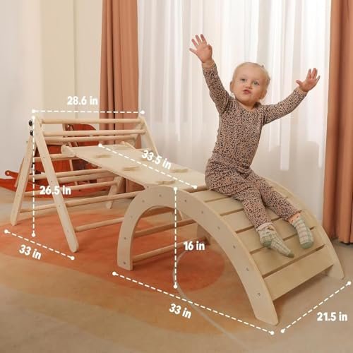 Pikler Triangle Set with Cushion Large, 5 in 1 Toddler Climbing Toys Indoor, Montessori Foldable Climbing Set for Kids, Wooden Playground Jungle Gym with Ramp, Arch and Ladder (Wooden Color)
