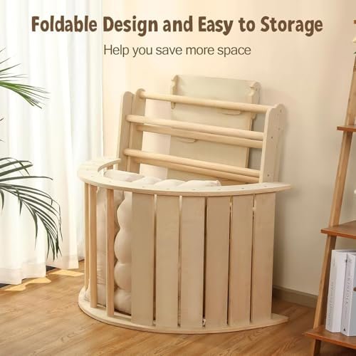 Pikler Triangle Set with Cushion Large, 5 in 1 Toddler Climbing Toys Indoor, Montessori Foldable Climbing Set for Kids, Wooden Playground Jungle Gym with Ramp, Arch and Ladder (Wooden Color)