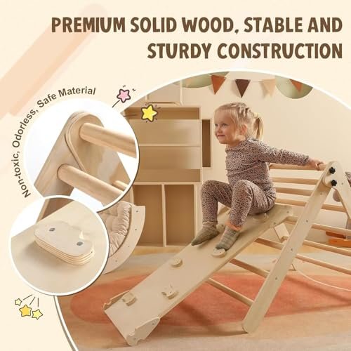 Pikler Triangle Set with Cushion Large, 5 in 1 Toddler Climbing Toys Indoor, Montessori Foldable Climbing Set for Kids, Wooden Playground Jungle Gym with Ramp, Arch and Ladder (Wooden Color)